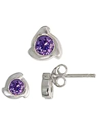 Sterling Silver Matte-finish Fancy Stud Earrings (6mm) & Pendant Slide (8mm tall) Set, w/ Brilliant Cut Blue Sapphire-colored CZ Stones