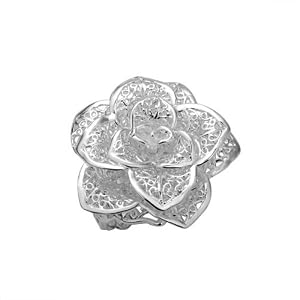argent 925. Bague oeuvre d'art fleur dentelles argentées, beauté et douceur, taille ajustable, femme, homme