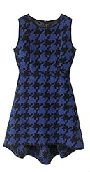 Fall Winter Round Neck Sleeveless Houndstooth Print Wool Midi Dress 