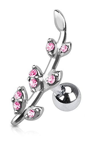 Gemmed Flower Vine Leaf Tragus Barbell 316L Surgical Steel Cartilage Bar Helix Piercing 16g (Pink)