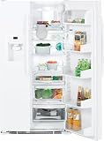 GE GSF25LGWWW 25.4 cu. ft. Side by Side Refrigerator with 3 Glass Shelves, Gallon Door Storage, Freshness Center and External Water/Ice Dispenser & Temperature Controls: High Gloss White
