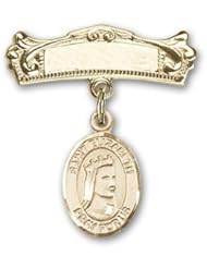 14kt Gold Baby Badge with St. Elizabeth of Hungary Charm and Arched Polished Badge Pin. Catholic Saint Elizabeth of Hungary Patron Saint of Bakers, Nursing Services, Falsely Accused