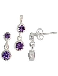 Sterling Silver Dangle Earrings (13mm tall) & Pendant (17mm tall) Set, w/ Bezel Set Brilliant Cut Amethyst-colored CZ Stones