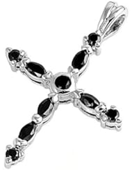 Sterling Silver Black CZ Cross Pendant Cute Christian Charm Pure 925 New 23mm with 1.5mm Ball Bead Chain