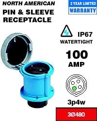 Leviton 4100R7W 100 Amp, 480 Volt 3-Phase, 3P, 4W, Outlet North American Pin & Sleeve Receptacle, Industrial Grade, IP67, Watertight - RED