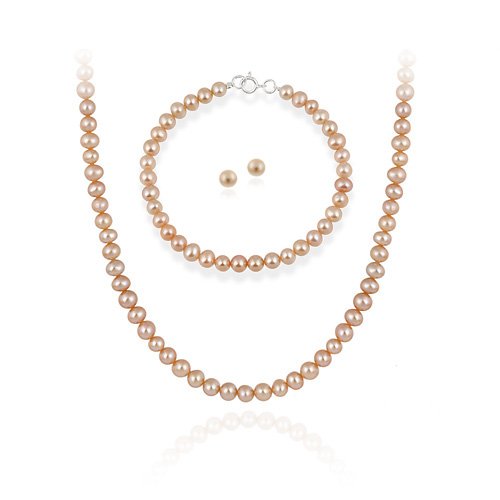 Sterling Silver 5.5-6mm Genuine Freshwater Cultured Pink Pearl Necklace Bracelet & Stud Earrings Set
