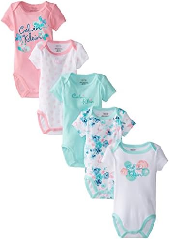 Calvin Klein Baby-Girls Newborn 5 Pack Bodysuits Pink Green Group