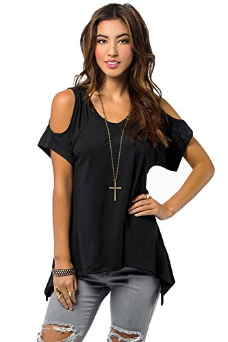 Bella C Women's Casual V Neck T Shirt Shoulder Off Tunic Tops (M, Black)