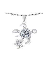 Original Star K (tm) Good Luck Mother and Child Turtle Pendant with Heart Shape Simulated Diamond in 925 Sterling Silver