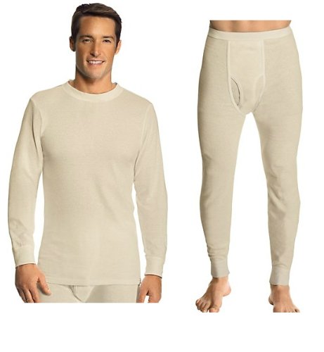 Hanes Everyday Mens Thermal Set (Long Sleeve Crew and Long Johns) - White - Large