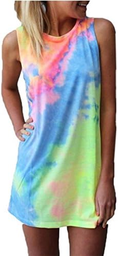 WPaces Women's Summer Sleeveless Tie-dye Round Neck Rainbow Long Top Mini Dress (Large)