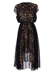 Cap Sleeves Leopard Print Elasticized   Waistline High-Low-Hem Maxi Dress 