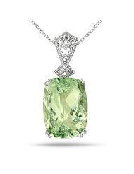 10 Carat Cushion Cut Green Amethyst and Diamond Pendant in .925 Sterling Silver