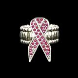 Pink Ribbon Pink Rhinestone Sparkling 1 inch long Pendant on Silver Metal Stretch Ring- Celebrate Breast Cancer Research, Survivors, Loved Ones who have Endured Breast Cancer, & Susan B Koman