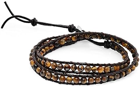 Genuine Leather Tiger Eye Beads Bracelet,2 Wraps, Adjustable,size