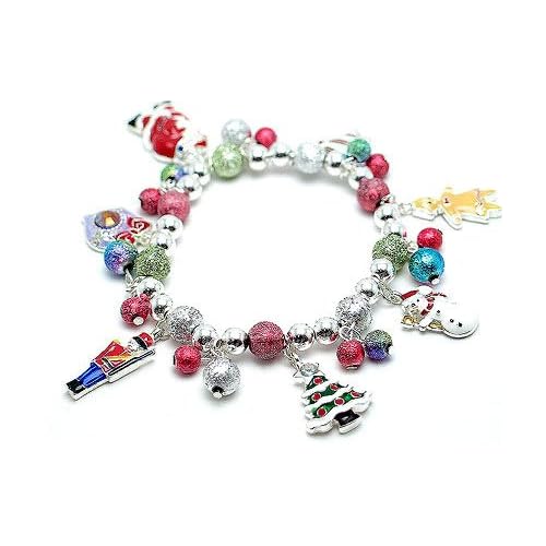 Bright Sparkling Christmas Balls Ornaments Holiday Stretch Charm Bracelet with Santa Claus, a Tree, a Bell, the Gingerbread Man, Frosty the Snowman, a Wreath, and a Nutcracker