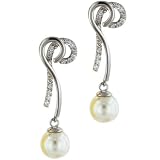 Sterling Silver Cane Shaped Cz Faux Pearl Dangle Earrings