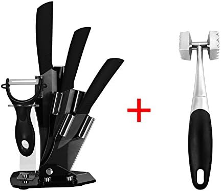 Gemtune Timhome Chef Ceramic Kitchen Knife Set with Knife Block - 5 " Utility + 4 " Fruit's + 3" Paring + 1 Peeler + 1 Meat Tenderizer