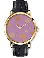 SPRAWL Aanalog Fashion Series Gold Ladies Watches of Genuine Black Leather Strap,Unique Wrist Watch for Women Girls Designed with Chrysanthemum flowers on purple background