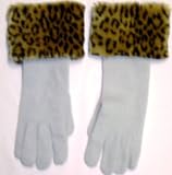 Winter White Angora Wool Gloves Hand Trimmed with Fluffy Leopard Print Fur Cuff for Women and Teens
