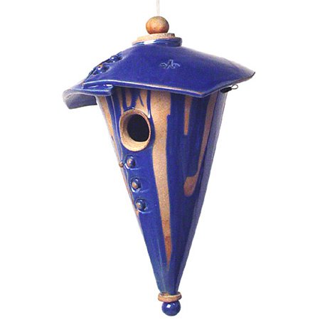 Hanging Stoneware Cone Birdhouse - Handthrown Pottery, 2-Piece, Royal Blue