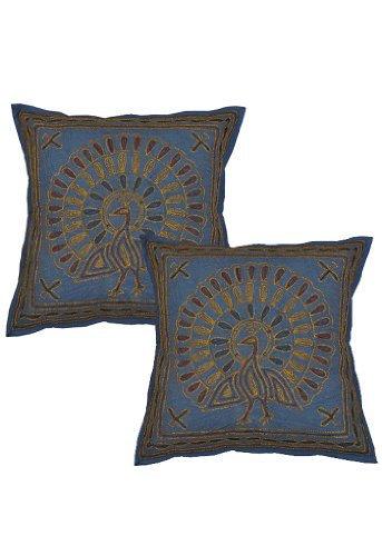 Imagen principal de Zari y bordado trabajada Algodón Cojín Fundas Peacock Tamaño 16 x 16 pulgadas Juego de 2 piezas