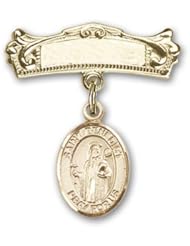 14kt Gold Baby Badge with St. Benedict Charm and Arched Polished Badge Pin