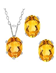 2.45 Ct Oval Yellow Citrine Gemstone Sterling Silver Pendant Earrings Set