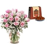 Mother's Day Flowers and Treats - Elegant Pink Roses with Free Box of French Chocolate Truffles