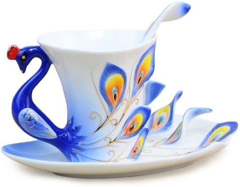 Yulinglong blue Peacock tea coffee cup and saucer Made in Jingdezhen