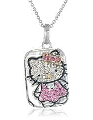 Hello Kitty Girls "Black Outline" Sterling Silver Black Pave Crystal Face Pink Crystal Bow Oval Full Body Dogtag Pendant Necklace, 18"