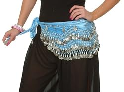 Turquoise Velvet Rectangular Hip Scarf with Silver Coins