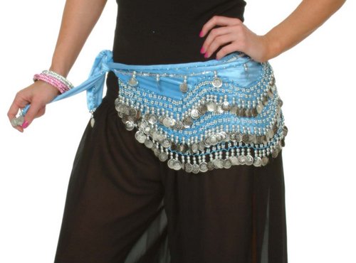 Turquoise Velvet Rectangular Hip Scarf with Silver Coins