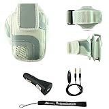 White Adjustable Deluxe Sportband / Workout Armband with Adaptable Neck Str ....