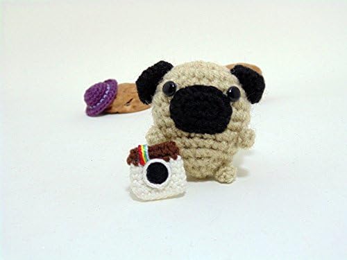 Amigurumi Pug with tiny instagram camera and a hat. Crochet pug, Pug figurine.
