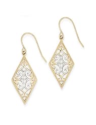 Diamond Shape Filigree Dangle Earrings in 14K Yellow Gold and Rhodium