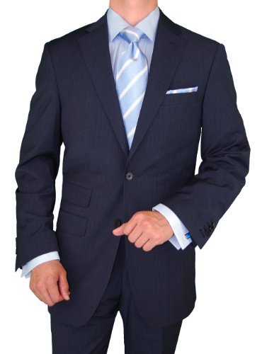 Gino Valentino Made in Italy Wool / Silk 2 Button Ticket Pocket Jacket Flat Front Pants Custom Working Buttonholes Navy Blue Pinstripe