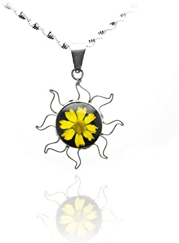 Real Sunflower Necklace in Sterling Silver Sun Shape,18" Figaro Chain, TAMI, Floral Jewelry
