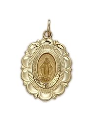 14K Gold Oval Filigree Miraculous Medal, Virgin Mary, Immaculate Conception Pendant in a Polished Border Finish 14K Gold Jewelry 14K Gold Miraculous Patron Saint Medal Pendant Catholic Gift Boxed