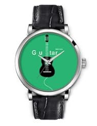 SPRAWL Aanalog Fashion Series Silver Ladies Watches of Genuine Black Leather Strap,Unique Wrist Watch for Women Girls Designed with Guitar on green background