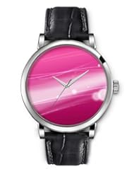 SPRAWL Aanalog Fashion Series Silver Ladies Watches of Genuine Black Leather Strap,Unique Wrist Watch for Women Girls Designed with Lines and circles on pink background