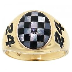 Black Onyx/Mother of Pearl #24 Mens Gold Racing Ring-Checkered Flag Style