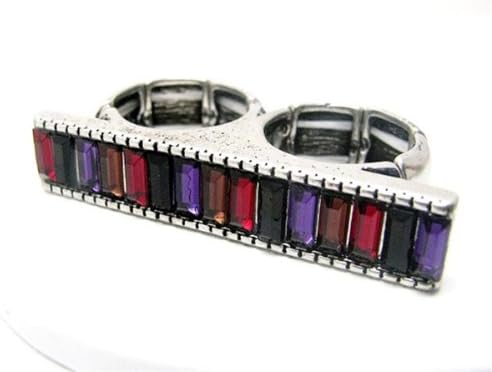 Crystal Two Finger Stretch Ring Baguette Red Purple Black BN Burnish Silver Tone