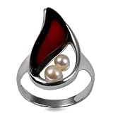 Natural Cherry Color Amber Pearl Sterling Silver Drop Ring