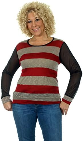 Women's Plus Size Striped Fashion Top with Sheer Long Sleeves (1X, Tan-Red)