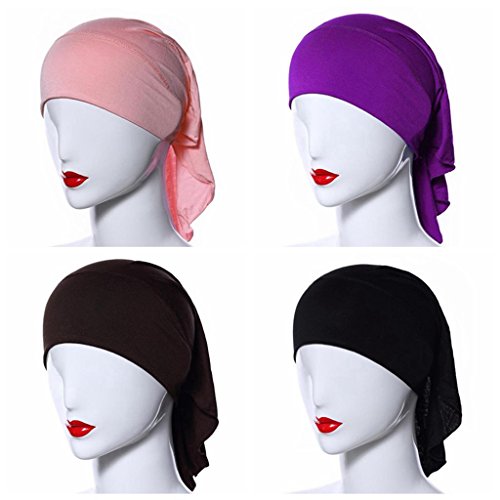 Ksweet 4pcs Stretch Elastic Hijab Cap for Women Summer Underscarf Tube Cap Head Cover Scarf (Black+Light brown+Purple+KQ)