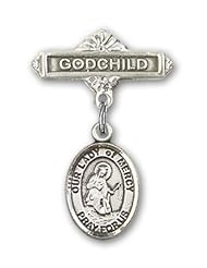 Sterling Silver Baby Badge with Our Lady of Mercy Charm and Godchild Badge Pin