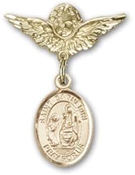 Gold Filled Baby Badge with St. Catherine of Siena Charm and Angel with Wings Badge Pin