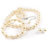 Ivory 10mm Glass Pearl Necklace, Bracelet and Earring Set by Margot Townsend