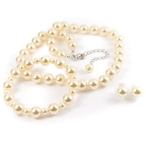 Ivory 10mm Glass Pearl Necklace, Bracelet and Earring Set by